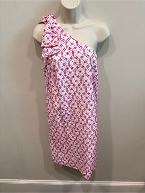 J. Crew One-Shoulder Pink and White Patterned Ruffle Dress